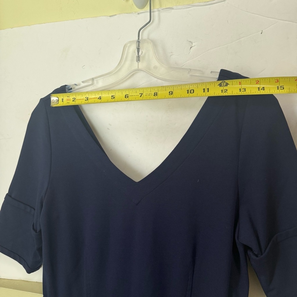 Pink Tartan V Neck Fit Flare Sheath Dress Pockets Stretch Preppy Minimal Navy S - Picture 14 of 16